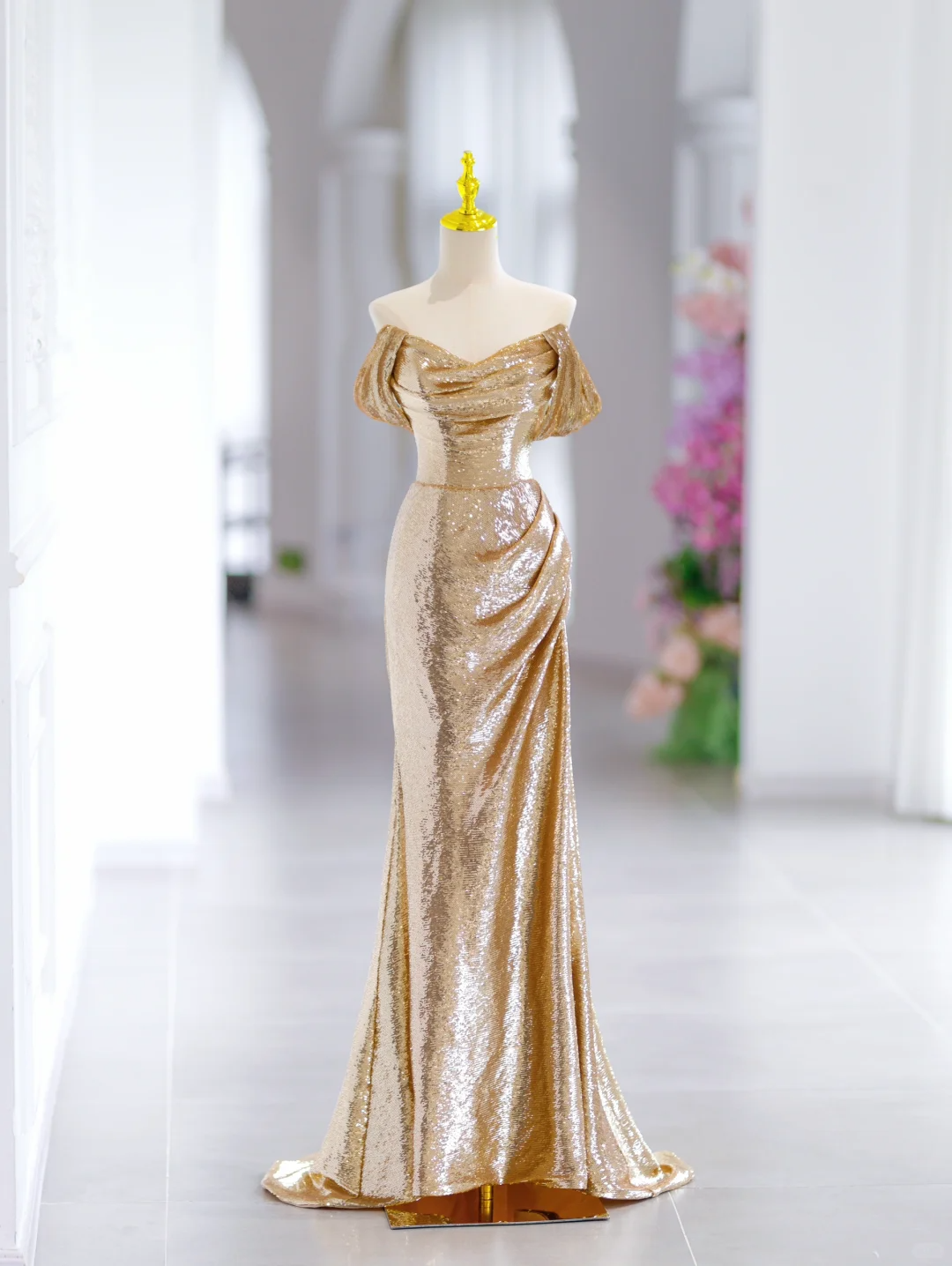 Vestido de noche largo con hombros descubiertos y lentejuelas doradas, corte sirena, estilo sirena, para fiesta, especial, formal, DH2791