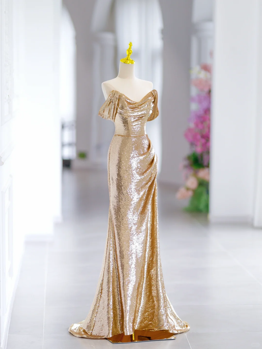 Vestido de noche largo con hombros descubiertos y lentejuelas doradas, corte sirena, estilo sirena, para fiesta, especial, formal, DH2791