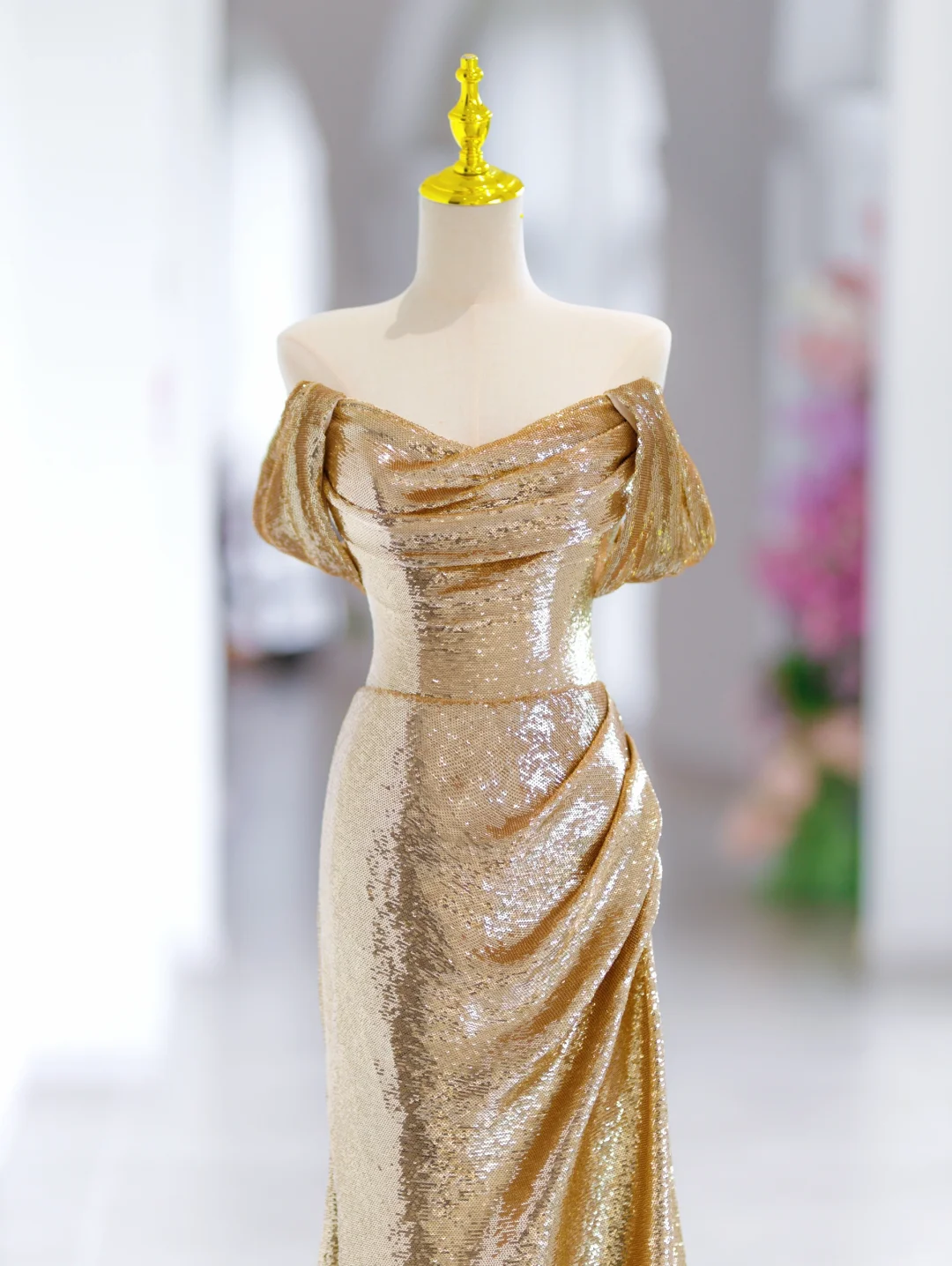 Vestido de noche largo con hombros descubiertos y lentejuelas doradas, corte sirena, estilo sirena, para fiesta, especial, formal, DH2791
