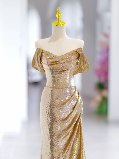 Vestido de noche largo con hombros descubiertos y lentejuelas doradas, corte sirena, estilo sirena, para fiesta, especial, formal, DH2791