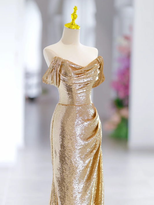 Vestido de noche largo con hombros descubiertos y lentejuelas doradas, corte sirena, estilo sirena, para fiesta, especial, formal, DH2791
