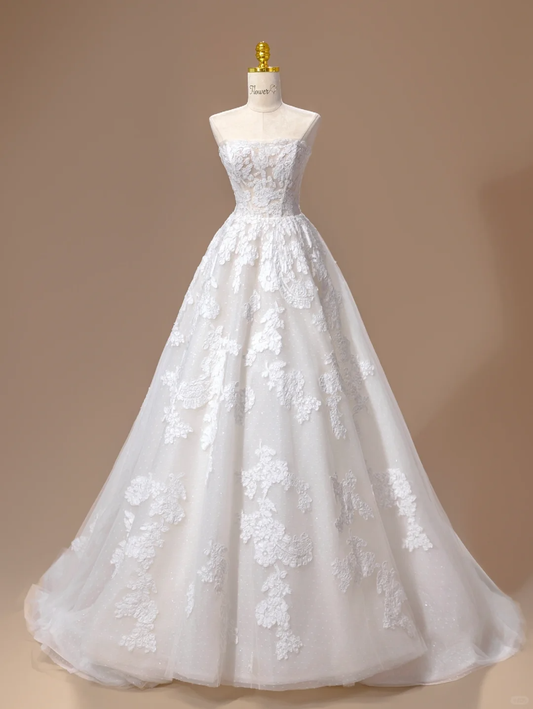 Vestido de novia princesa, vestido de baile, sin tirantes, de encaje, blanco, largo, DH2793