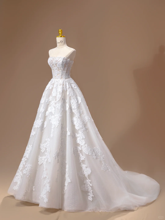 Vestido de novia princesa, vestido de baile, sin tirantes, de encaje, blanco, largo, DH2793