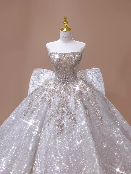 Vestido de novia atemporal, vestido de fiesta, sin tirantes, de encaje y lentejuelas, blanco, largo, para novias, vestidos de novia largos, vestidos de novia modestos DH2794