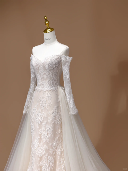 Vestido de novia de ensueño, corte sirena, hombros descubiertos, encaje, mangas largas, blanco, DH2795