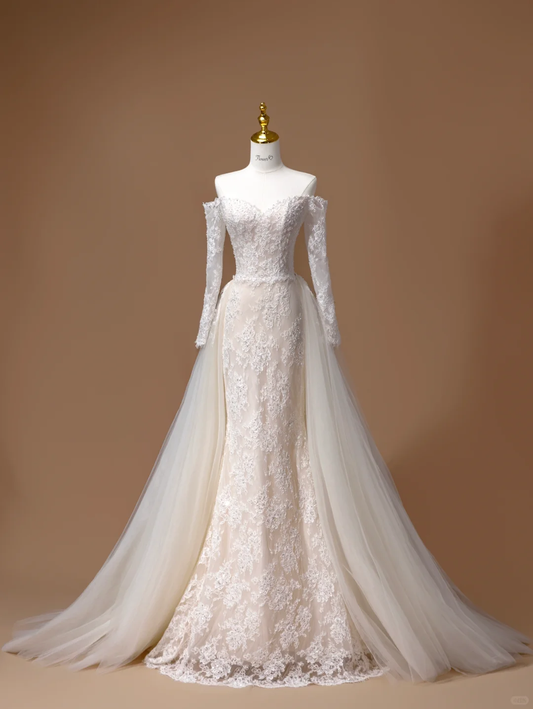 Vestido de novia de ensueño, corte sirena, hombros descubiertos, encaje, mangas largas, blanco, DH2795