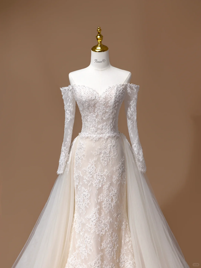 Vestido de novia de ensueño, corte sirena, hombros descubiertos, encaje, mangas largas, blanco, DH2795