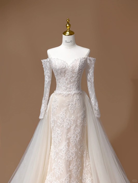 Vestido de novia de ensueño, corte sirena, hombros descubiertos, encaje, mangas largas, blanco, DH2795