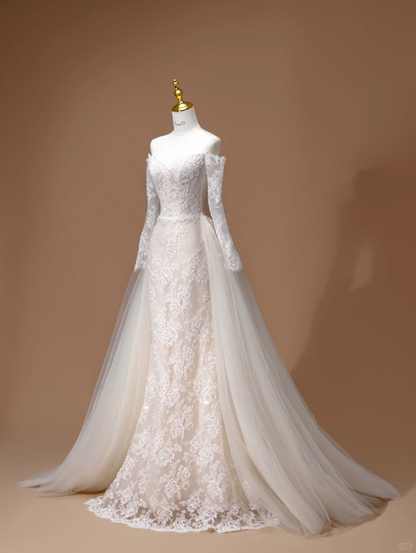 Vestido de novia de ensueño, corte sirena, hombros descubiertos, encaje, mangas largas, blanco, DH2795