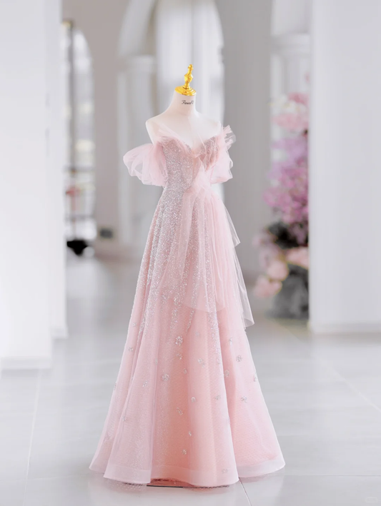 Vestido de noche largo de tul rosa con hombros descubiertos y corte en A, estilo modesto, para fiesta, noche, formal, especial, D2797