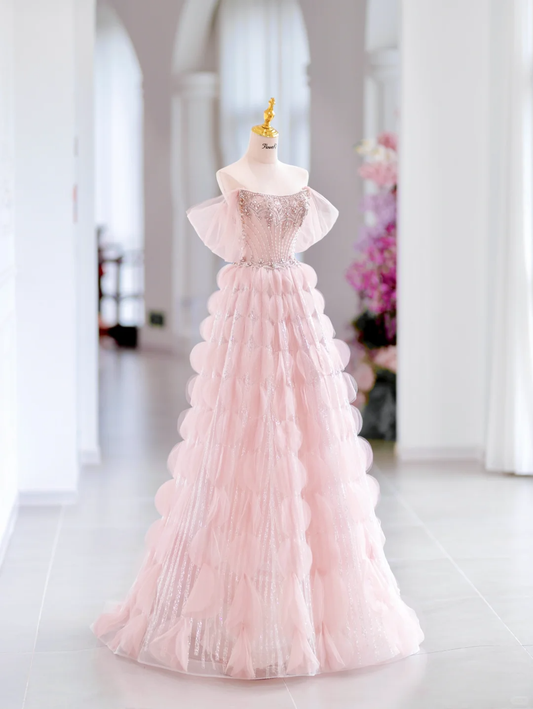 Hermoso vestido de fiesta largo de tul rosa con hombros descubiertos, vestido de noche, vestido formal especial, vestido de graduación H2797