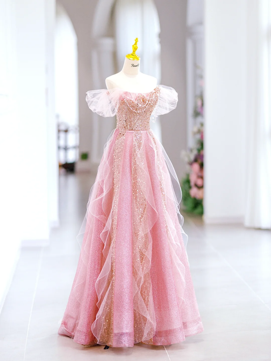 Hermoso vestido de noche largo de tul rosa con lentejuelas y hombros descubiertos, corte A, para fiesta, vestido de noche, vestido formal especial, vestido de graduación DH2798