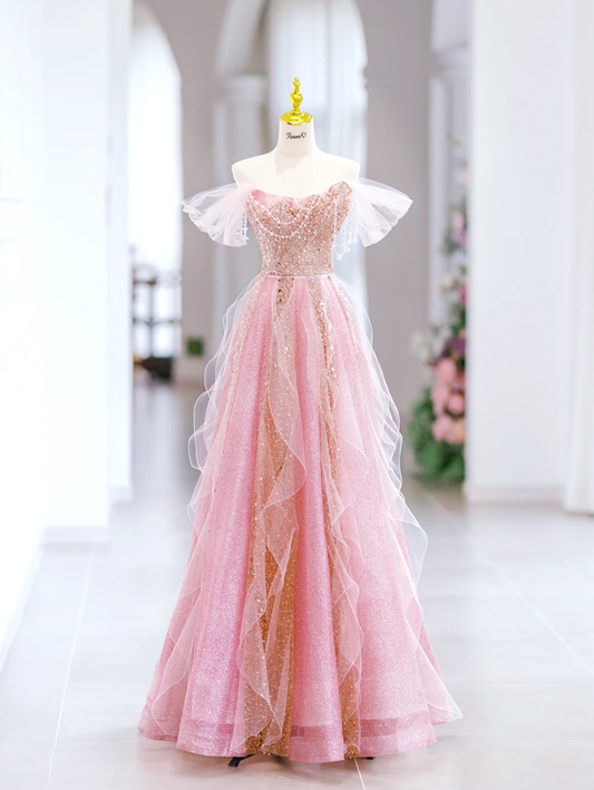 Hermoso vestido de noche largo de tul rosa con lentejuelas y hombros descubiertos, corte A, para fiesta, vestido de noche, vestido formal especial, vestido de graduación DH2798