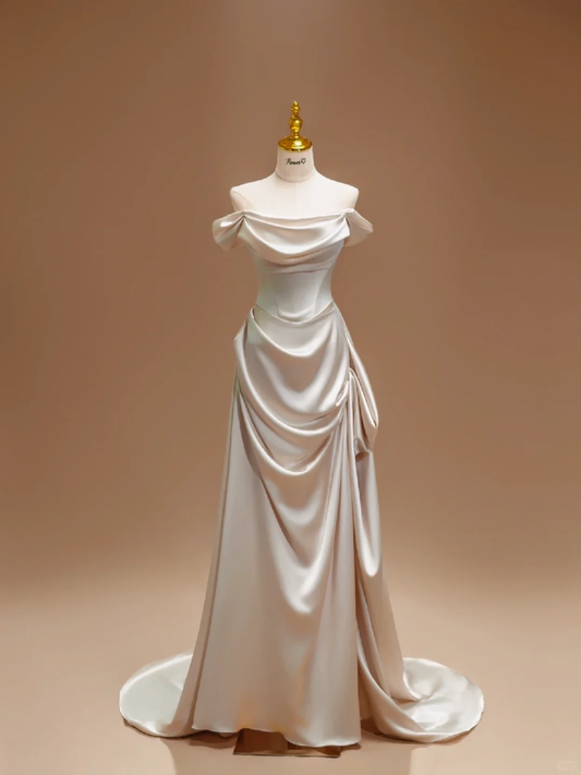 Vestido de novia único, corte A, hombros descubiertos, satén, largo, DH2799