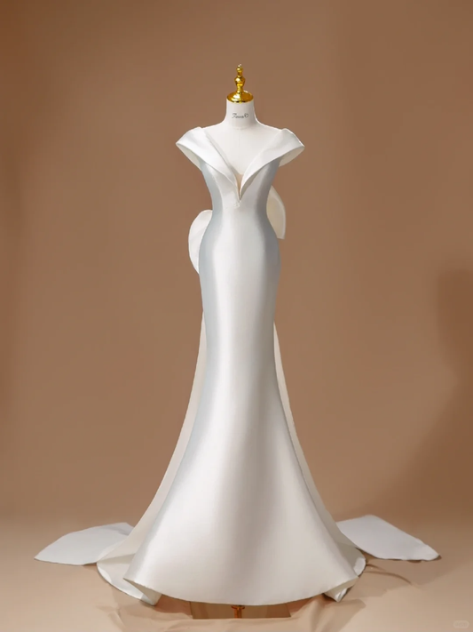 Vestido de novia único de corte sirena con hombros descubiertos, satén, largo, blanco, para novias largas y modestas, DH2800