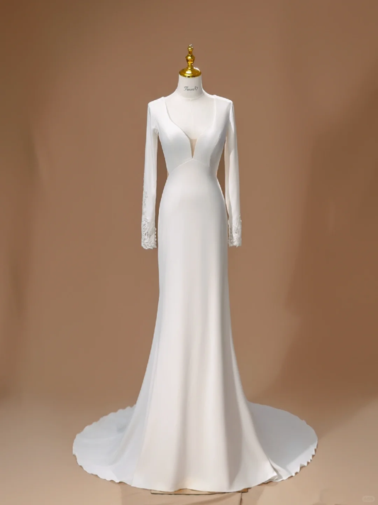 Vestido de novia único, corte sirena, escote en V, satén, mangas largas, blanco, largo, modesto, DH2801