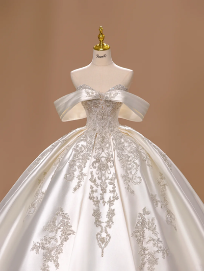 Vestido de novia estilo princesa, de satén, con hombros descubiertos y encaje, mangas cortas, DH2803