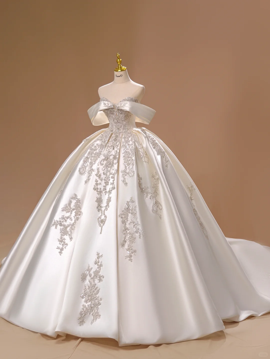 Vestido de novia estilo princesa, de satén, con hombros descubiertos y encaje, mangas cortas, DH2803