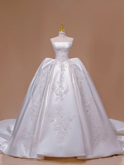Vestido de novia de cuento de hadas, estilo princesa, sin tirantes, sin mangas, de satén blanco y encaje, DH2804