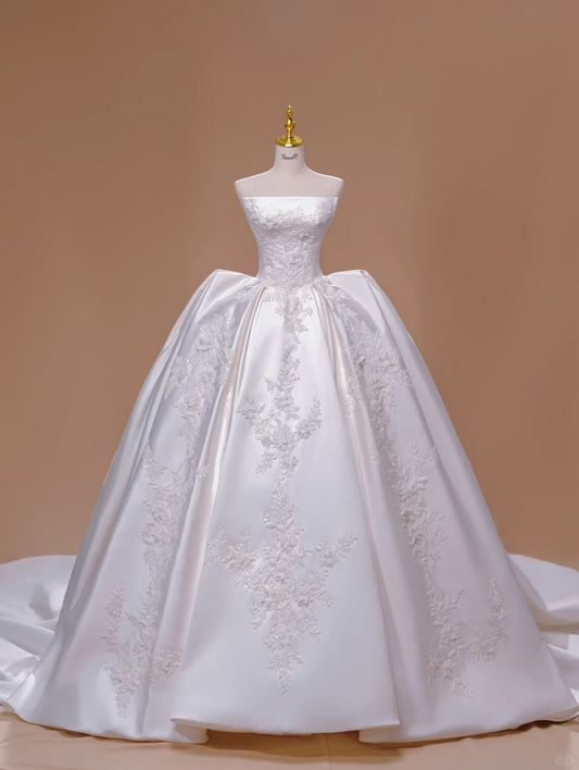 Vestido de novia de cuento de hadas, estilo princesa, sin tirantes, sin mangas, de satén blanco y encaje, DH2804