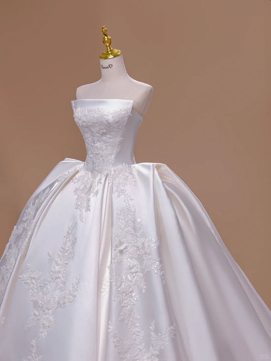 Vestido de novia de cuento de hadas, estilo princesa, sin tirantes, sin mangas, de satén blanco y encaje, DH2804
