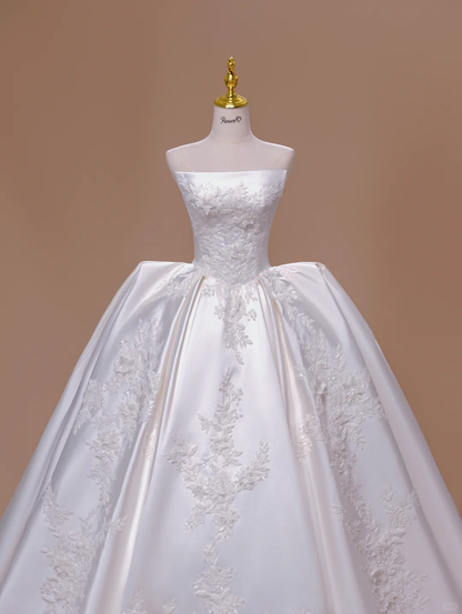Vestido de novia de cuento de hadas, estilo princesa, sin tirantes, sin mangas, de satén blanco y encaje, DH2804
