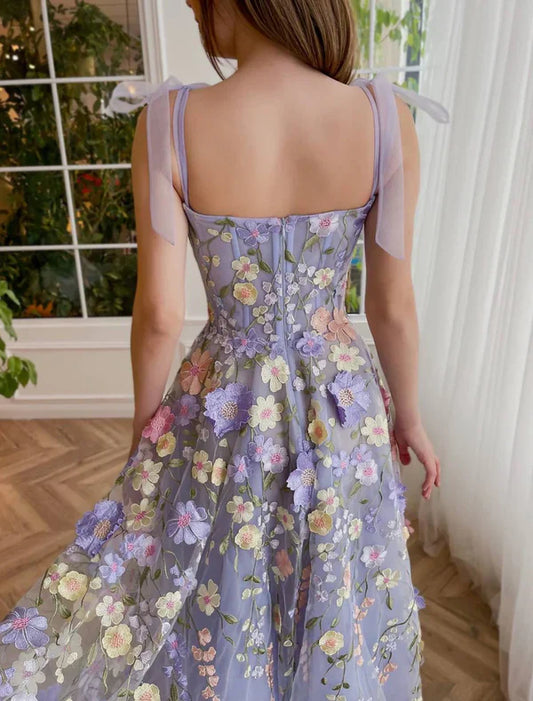Elegant A-Line Corsets Dress Wedding Guest Summer Tea Length Sleeveless Prom Dress Scoop Neck Bridesmaid Dress Tulle with Appliques DP251