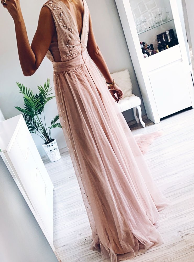 Elegant A-Line V Neck Tulle Blush Long Prom Dress With Pearls GP393