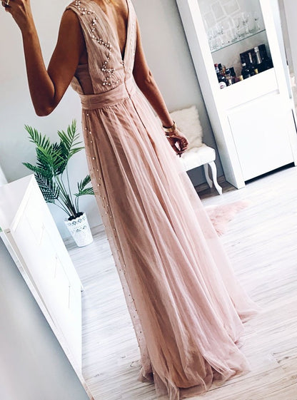 Elegant A-Line V Neck Tulle Blush Long Prom Dress With Pearls GP393