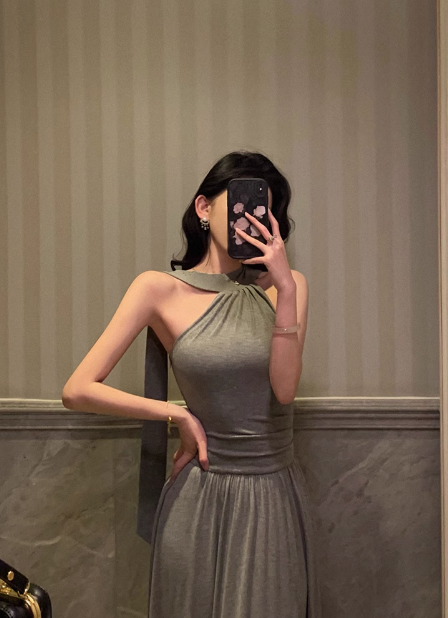 Elegante vestido gris de corte A sin mangas para cumpleaños número 21, ideal para fiestas de cumpleaños, DP1297