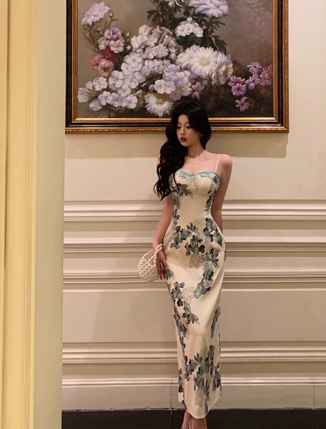 Vestido elegante de sirena con tirantes florales, sin mangas, para fiesta de cumpleaños número 21, ideas para vestidos de cumpleaños para mujeres DP1307