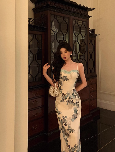 Vestido elegante de sirena con tirantes florales, sin mangas, para fiesta de cumpleaños número 21, ideas para vestidos de cumpleaños para mujeres DP1307