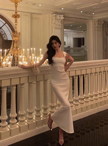 Elegant Mermaid Square Neckline White Sleeveless Burgundy 23rd Birthday Dress Party Gown Birthday Outfits Birthday Dress Ideas For Women DP1390