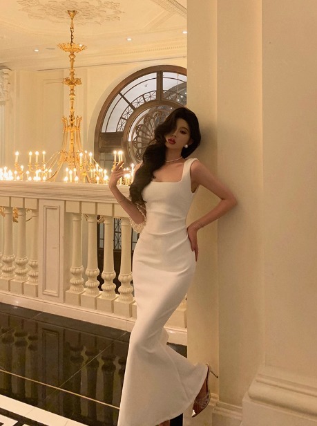Elegante vestido de fiesta de cumpleaños número 23, con escote cuadrado de sirena, blanco, sin mangas, burdeos, ideas para vestidos de cumpleaños para mujeres DP1390