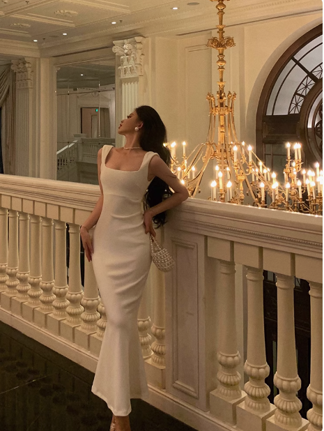 Elegante vestido de fiesta de cumpleaños número 23, con escote cuadrado de sirena, blanco, sin mangas, burdeos, ideas para vestidos de cumpleaños para mujeres DP1390
