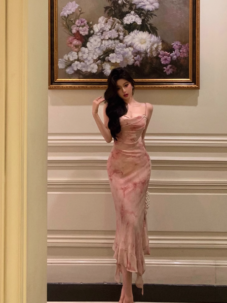 Vestido elegante de sirena con tirantes finos, estampado floral rosa, sin mangas, para fiesta de cumpleaños número 21, ideas para vestidos de cumpleaños para mujeres (DP1394)