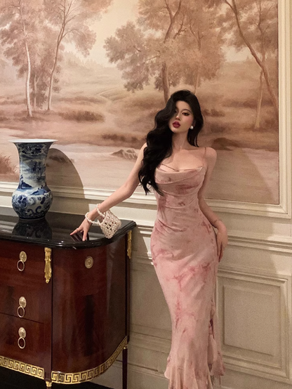 Vestido elegante de sirena con tirantes finos, estampado floral rosa, sin mangas, para fiesta de cumpleaños número 21, ideas para vestidos de cumpleaños para mujeres (DP1394)
