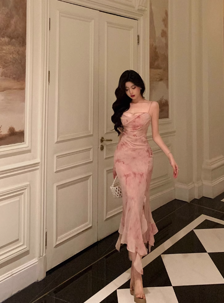 Vestido elegante de sirena con tirantes finos, estampado floral rosa, sin mangas, para fiesta de cumpleaños número 21, ideas para vestidos de cumpleaños para mujeres (DP1394)
