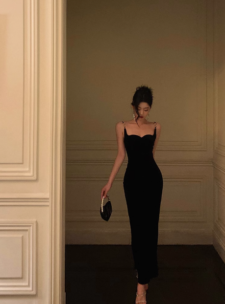 Vestido negro elegante con tirantes finos para cumpleaños número 21, ideal para fiestas de cumpleaños, DP1412