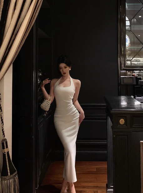 Elegante vestido blanco de fiesta para 21 cumpleaños, con cuello halter, ideal para mujeres (DP1419)