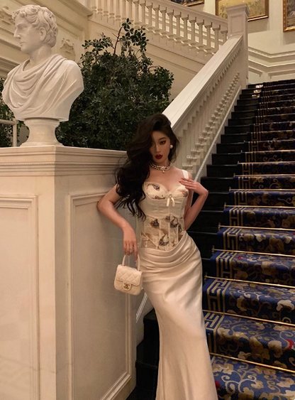 Elegante vestido de sirena de 2 piezas de satén blanco sin mangas para cumpleaños número 21, vestido de noche, atuendos de cumpleaños, ideas para vestidos de cumpleaños para mujeres DP1423