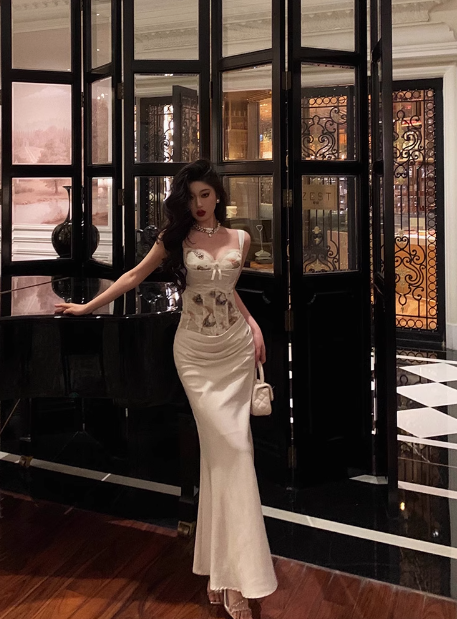 Elegante vestido de sirena de 2 piezas de satén blanco sin mangas para cumpleaños número 21, vestido de noche, atuendos de cumpleaños, ideas para vestidos de cumpleaños para mujeres DP1423