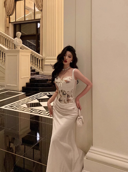 Elegante vestido de sirena de 2 piezas de satén blanco sin mangas para cumpleaños número 21, vestido de noche, atuendos de cumpleaños, ideas para vestidos de cumpleaños para mujeres DP1423