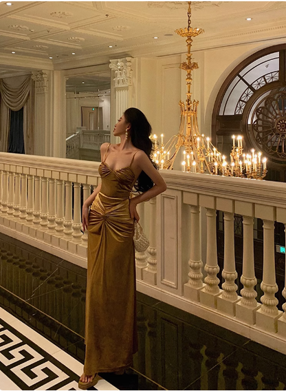 Elegante vestido de fiesta de sirena de satén dorado para 21 cumpleaños. Ideas de vestidos de cumpleaños para mujeres (DP1450).
