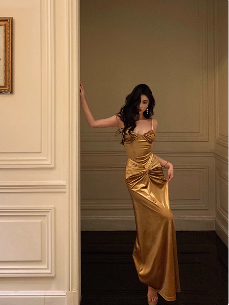 Elegante vestido de fiesta de sirena de satén dorado para 21 cumpleaños. Ideas de vestidos de cumpleaños para mujeres (DP1450).