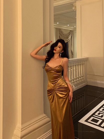 Elegante vestido de fiesta de sirena de satén dorado para 21 cumpleaños. Ideas de vestidos de cumpleaños para mujeres (DP1450).