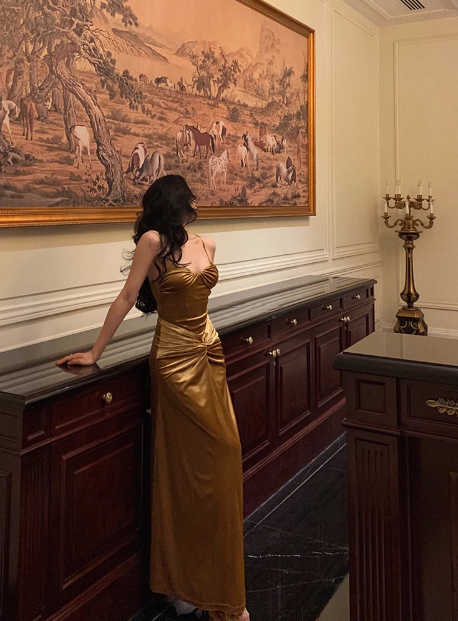 Elegante vestido de fiesta de sirena de satén dorado para 21 cumpleaños. Ideas de vestidos de cumpleaños para mujeres (DP1450).