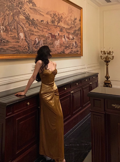 Elegante vestido de fiesta de sirena de satén dorado para 21 cumpleaños. Ideas de vestidos de cumpleaños para mujeres (DP1450).