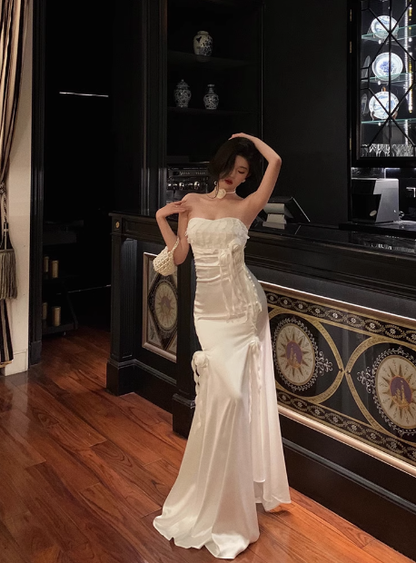 Elegante vestido de fiesta de sirena con escote corazón de satén blanco para cumpleaños número 23, ideas para vestidos de cumpleaños para mujeres (DP1486)