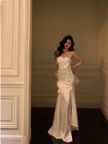 Elegante vestido de fiesta de sirena con escote corazón de satén blanco para cumpleaños número 23, ideas para vestidos de cumpleaños para mujeres (DP1486)